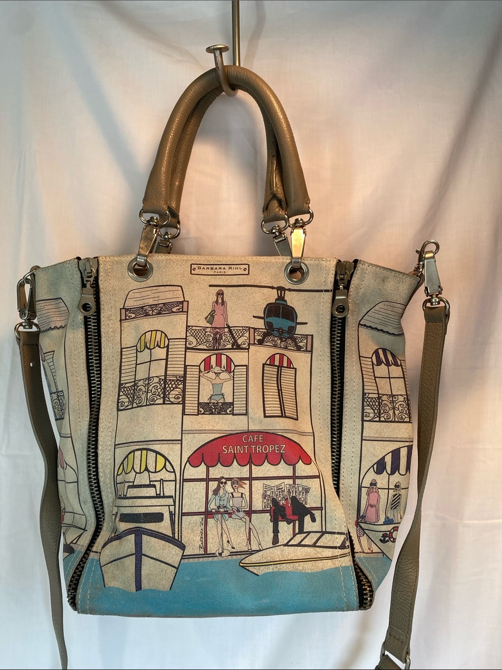 Vintage Barbara Rihl Paris Saint Tropez Print Leather 2 Way Shoulder Bag